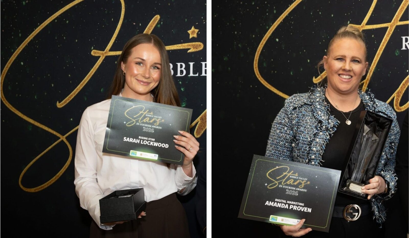 Two women holding an award